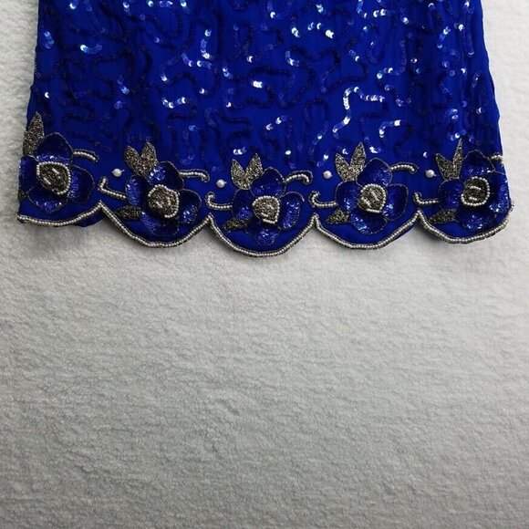 Vintage 2 Piece Silk Blouse Skirt Set Size 10 Blue Silver Beaded Shoulder Pads - Picture 7 of 12